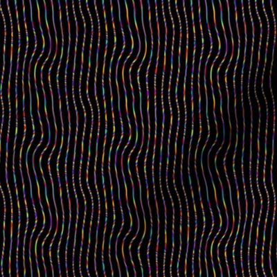 Neon Rainbow Wavy Pinstripes on Black Vertical Ditsy
