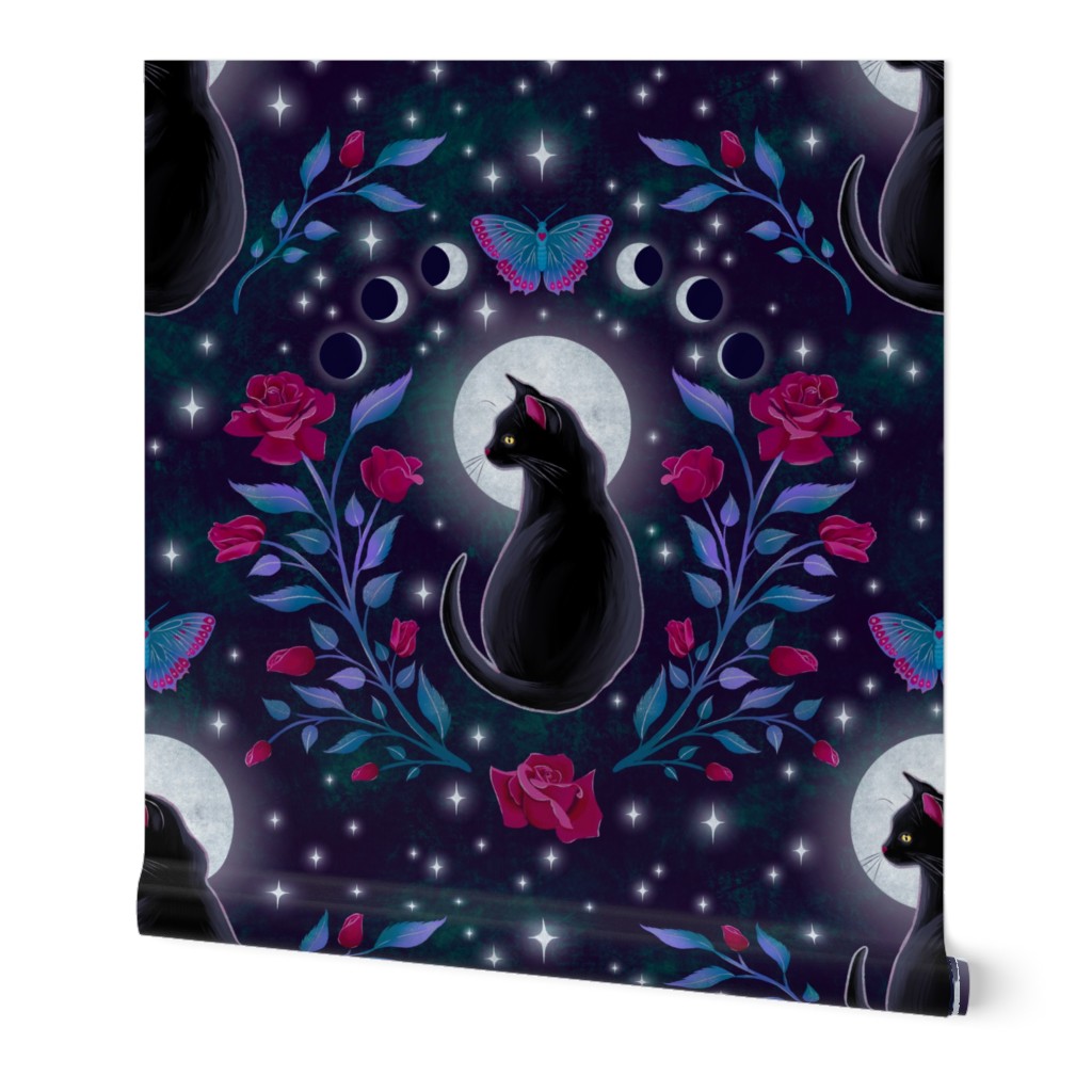 [large] Moongazing — Whimsigothic Black Cat with Roses