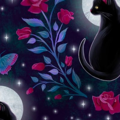[large] Moongazing — Whimsigothic Black Cat with Roses