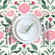 modern folk art damask florals, green and pink on beige, Large scale