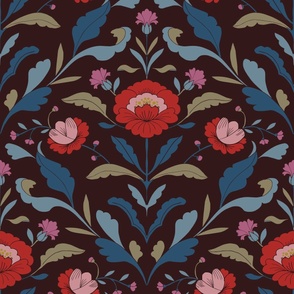 modern fresh floral traditional damask inspired, in brown red pink and blue, big scale