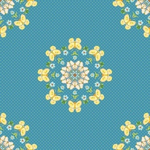 Kaleidoscope Butterflies and Blooms on Turquoise Blue