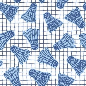 M - Badminton Shuttlecock Birdie and Sketched Wobbly Net Grid in Sporty Blue and White Court Sports Game