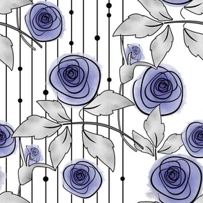 Watercolor blue roses with gray leaves on white