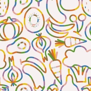 Fruits and Vegetables in Rainbow Outlines White