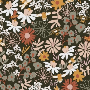 LARGE-Smoke green, white, red brown Imaginary Floral Blooms & Busy Bees