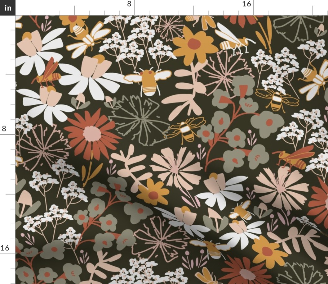 LARGE-Smoke green, white, red brown Imaginary Floral Blooms & Busy Bees