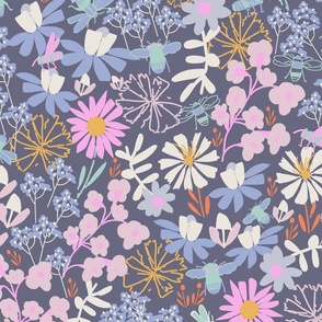 LARGE-Pastel pink, denim blue Imaginary Floral Blooms & Busy Bees