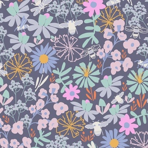 LARGE-Spearmint green, denim blue, pink Imaginary Floral Blooms & Busy Bees
