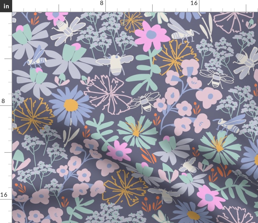 LARGE-Spearmint green, denim blue, pink Imaginary Floral Blooms & Busy Bees