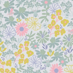 LARGE-Pinkish, light green, yellow Imaginary Floral Blooms & Busy Bees