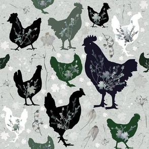 Large Hens Floral Green / Home Decor / Farm / Wallpaper