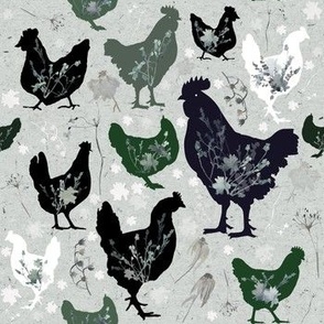 Medium / Green Floral Hens / Chickens / Rooster / Farm 
