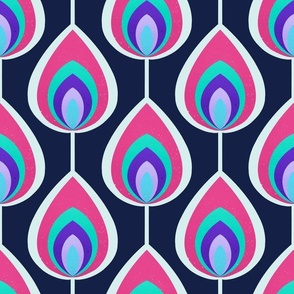 Retro mod geometric peacock feather / teardrop pattern - pink, turquoise and purple on navy blue background