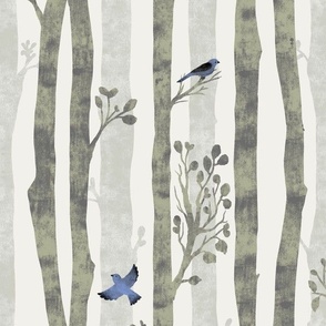 Small Spring in the Forest with Blue Birds on Grey