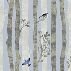 Small Spring in the Forest with Blue Birds, Periwinkle Sky