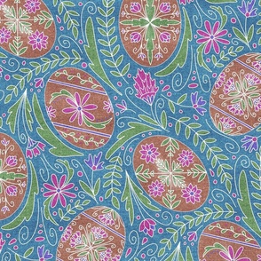 Large Pysanky Maximalist Floral - Orange and Teal