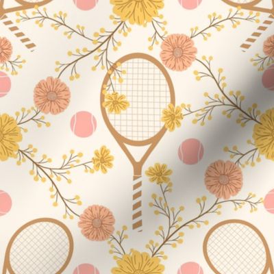 Tennis Racket and Ball - Sport Game with Floral element | Brown / Golden | Court Sport | Large Scale