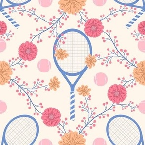 Tennis Racket and Ball - Sport Game with Floral element | Blue / Pink / Peach | Court Sport | Large Scale