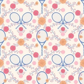 Tennis Racket and Ball - Sport Game with Floral element | Blue / Pink / Peach | Court Sport | Small Scale