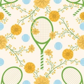 Tennis Racket and Ball - Sport Game with Floral element | Green / Yellow | Court Sport | Large Scale