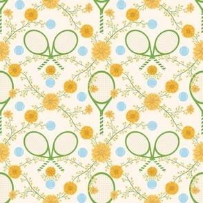 Tennis Racket and Ball - Sport Game with Floral element | Green / Yellow | Court Sport | Small Scale