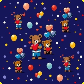 Retro Anime Style Teddy Bear Pattern | Balloons | Hearts | Colors | Dots | Blue Background | Yellow Red White