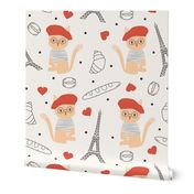 Cute hand drawn seamless pattern illustration with cartoon character french cat, eiffel tower, red hearts and other parisian elements and symbols(Large)