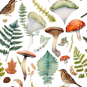 Enchanted Woodland Fabric - Mushroom, Bird, and Fern Watercolor Pattern for Nature-inspired DIY