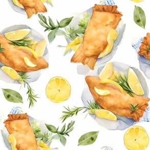 Seaside Feast Fabric - Fish and Chips with Lemons Watercolor Pattern for Coastal-inspired DIY