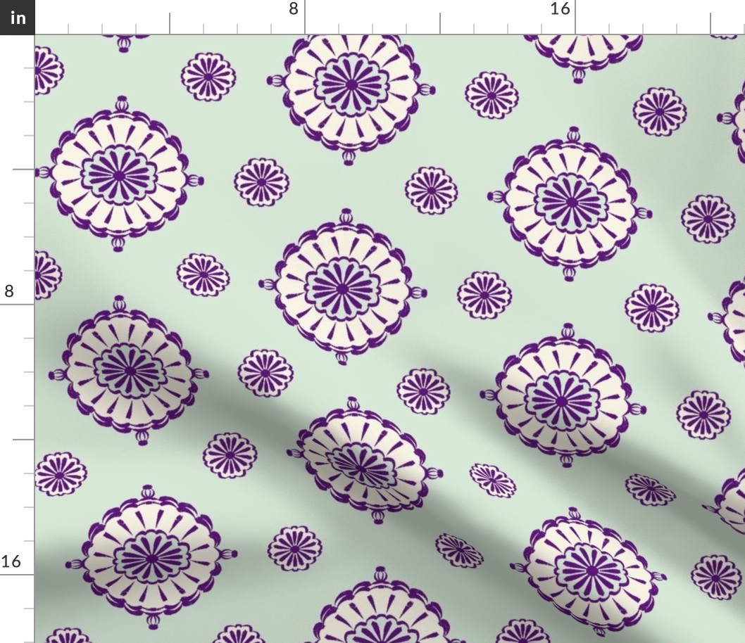 Geometric block print blooms in mint green & purple featuring circles of poppy seeds florets for nature-inspired living decor, wallpaper & bedding