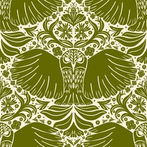 Green block printing owls Large scale