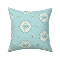 Geometric block print blooms in light blue & Ivory featuring circles of poppy seeds florets for nature-inspired living decor, wallpaper & bedding