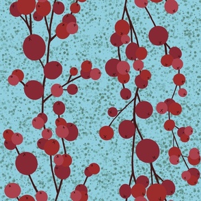 Large Trailing Red Rowan Berries Branches on GreenTextured Background