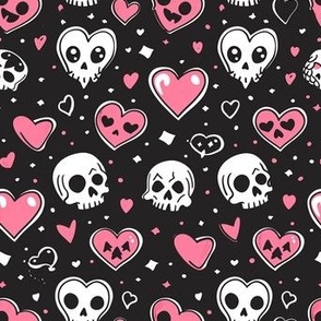 Kawaii goth skulls and hearts valentine