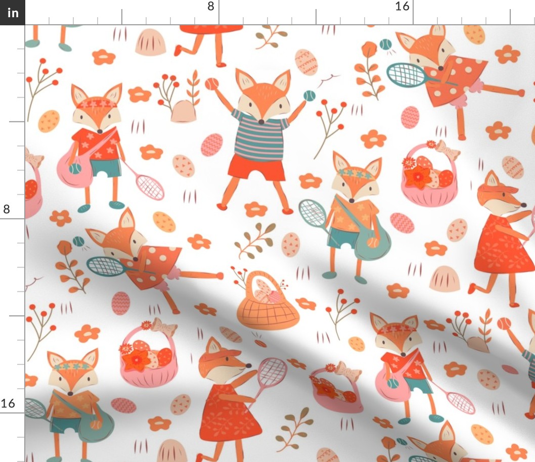 Easter Foxes on a Tennis Picnic - Vintage 2401101050 - orange and teal