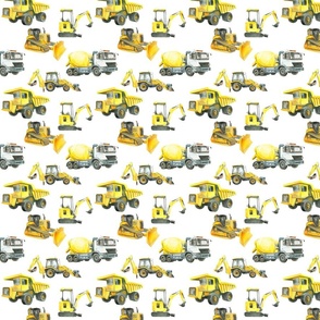 Diggers, bull dozers and dumper trucks mini white background