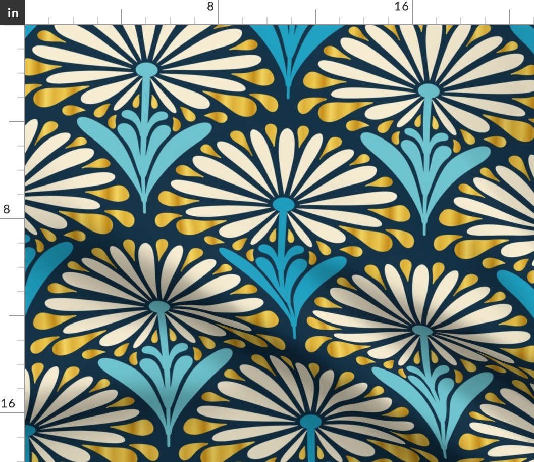 1920s-Art-Deco-Style-Daisy-Flower-Wallpaper---dark-navy-blue-gold-white-XL-JUMBO
