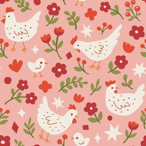 Cute delicate pattern with chickens and floral elements
