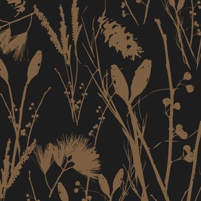 Large scale traditional heritage bloom floral in dark midnight black and russet brown.