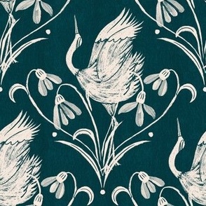 Japanese Crane + Snowdrop Flowers on Navy Background