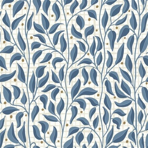 M. Calming denim blue climbing leafy vines on cream white, trailing foliage