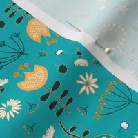 scattered retro flowers on textured turquoise | small  