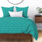 scattered retro flowers on textured turquoise | small  