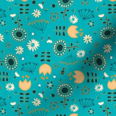 scattered retro flowers on textured turquoise | small  