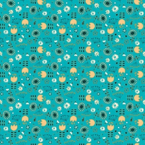scattered retro flowers on textured turquoise | small  