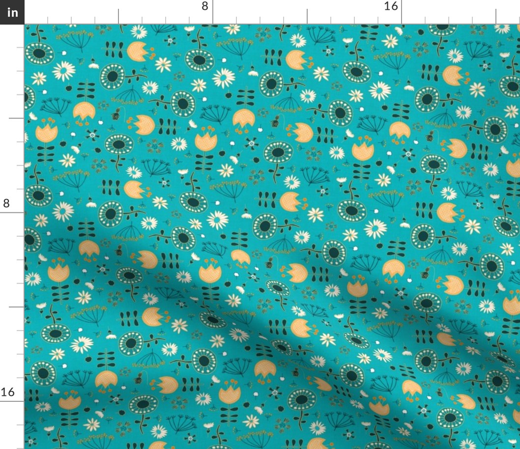 scattered retro flowers on textured turquoise | small  