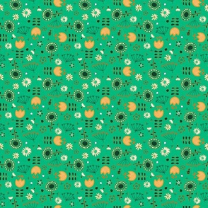 scattered retro flowers on grass green | small 
