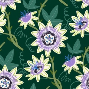 Vibrant Passionflower Botanical Design, Exotic Nature Inspired Floral Pattern on a Dark Background