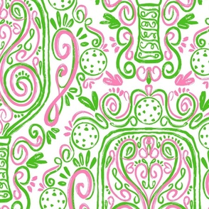 Pickleball Rococo Preppy Extra Large Scale Pink and Green 